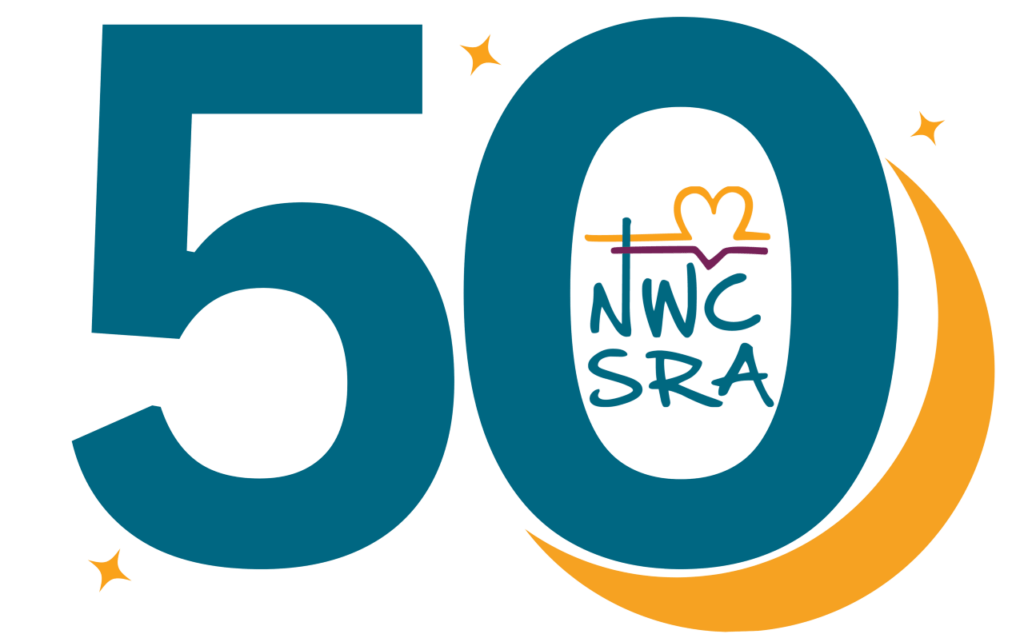 50th Anniversary Logo for NWCSRA with number 50, stars and moon graphic elements