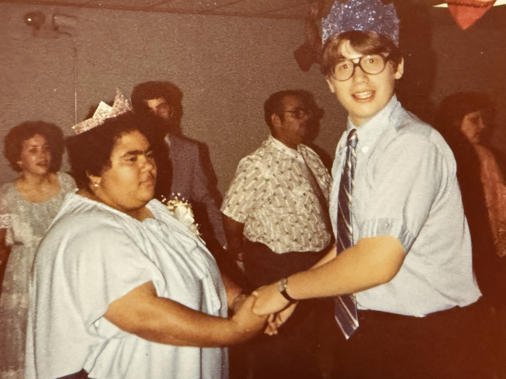 50 Anniversary two participants dancing with crowns on head circa 1970s